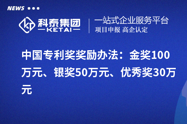 中国专利奖:金奖100万元、银奖50万元、优秀奖30万元(省级)