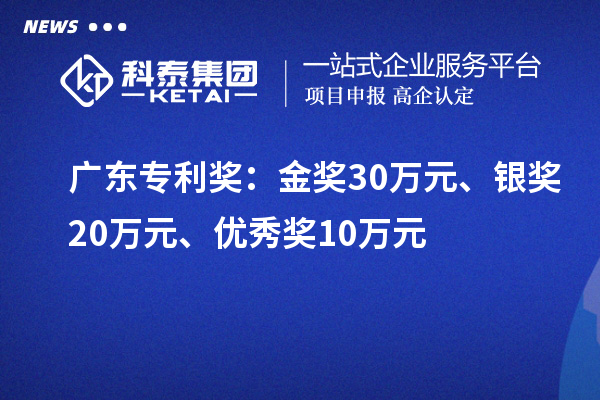 广东专利奖:金奖30万元、银奖20万元、优秀奖10万元(省级)
